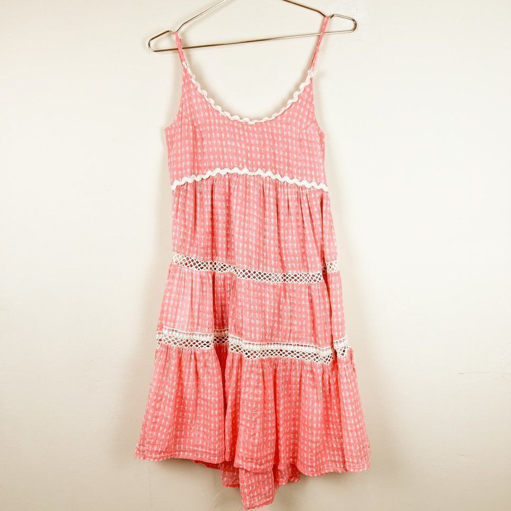Guadalupe Designs Pink White Crochet Detail Tiered Midi Spaghetti Strap Dress